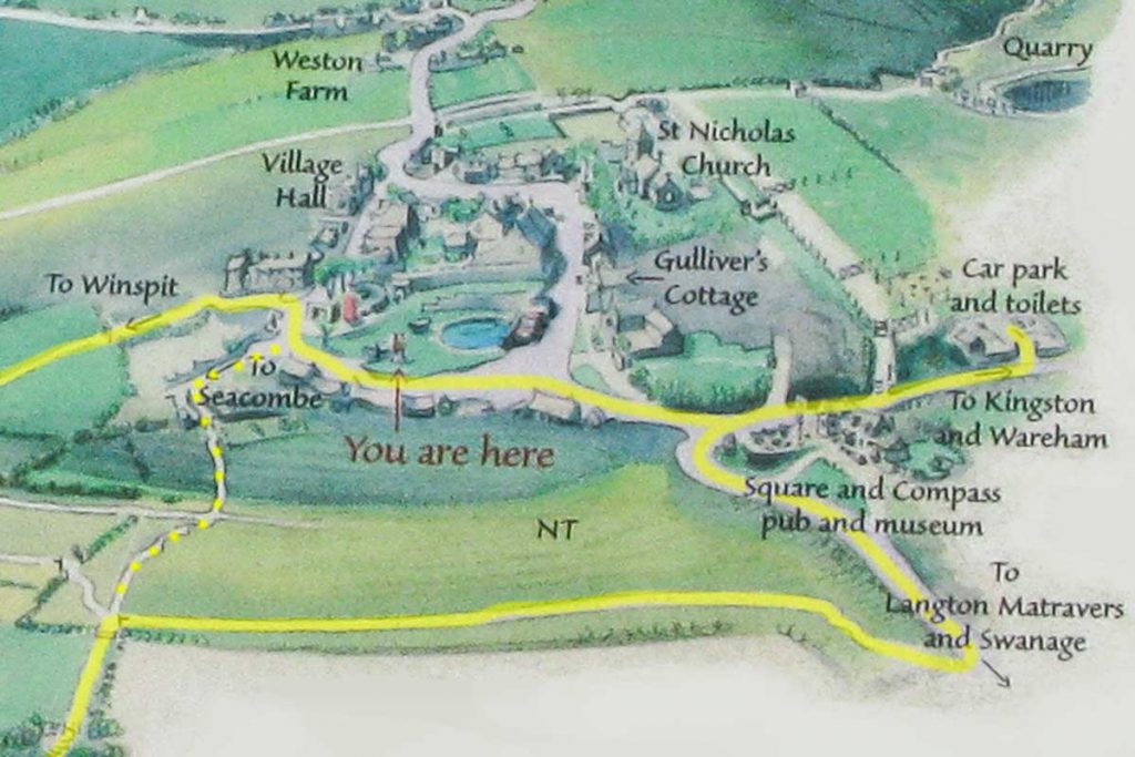 Map of Worth Matravers showing the car park and village green with duck pond