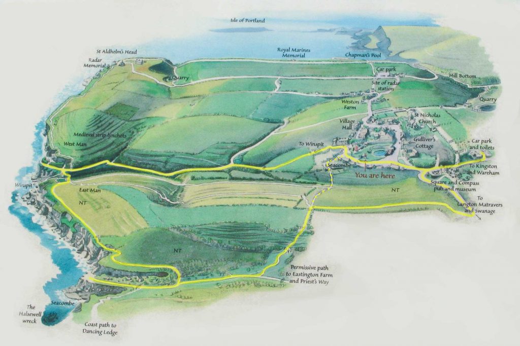 Worth Matravers map showing route of the various walks in the area