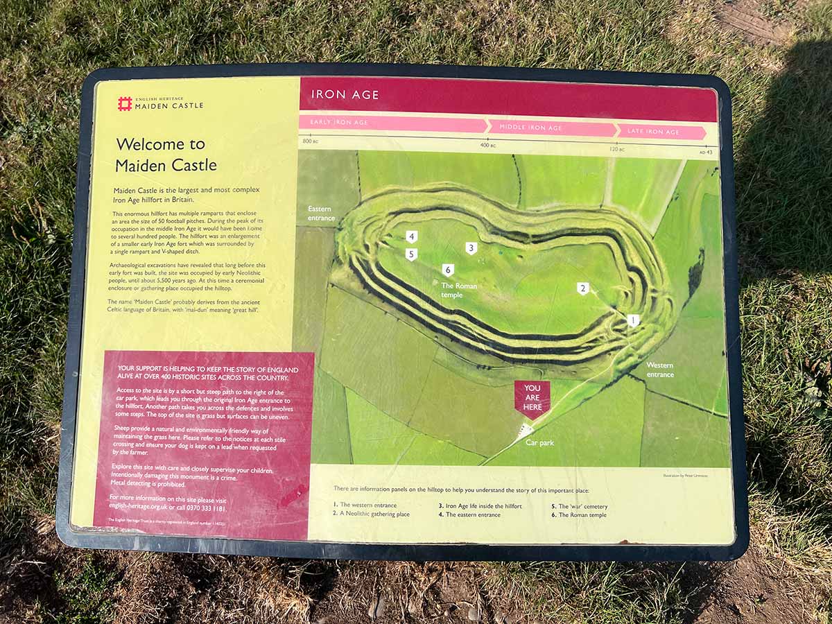 Welcome to Maiden Castle information board provided by English Heritage at the start of the path from the car park