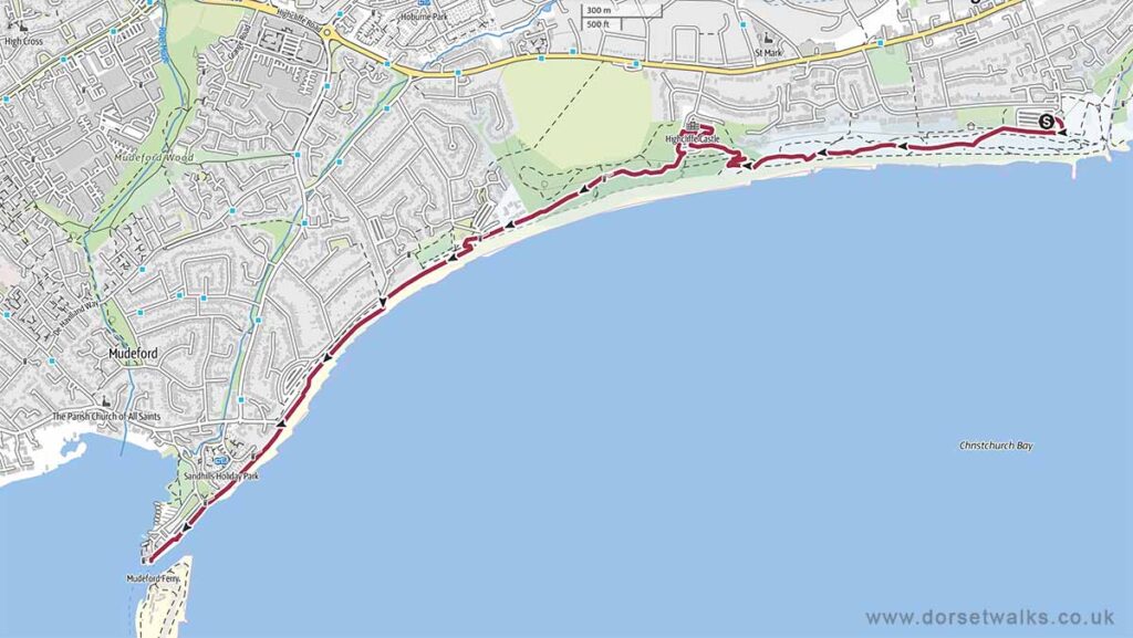 Highcliffe to Mudeford Quay Walk map (zoomed in)