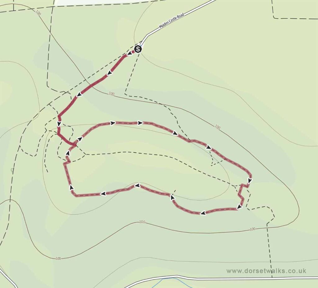 Maiden Castle Map (zoomed in to show route of circular 1.9 mile walk)