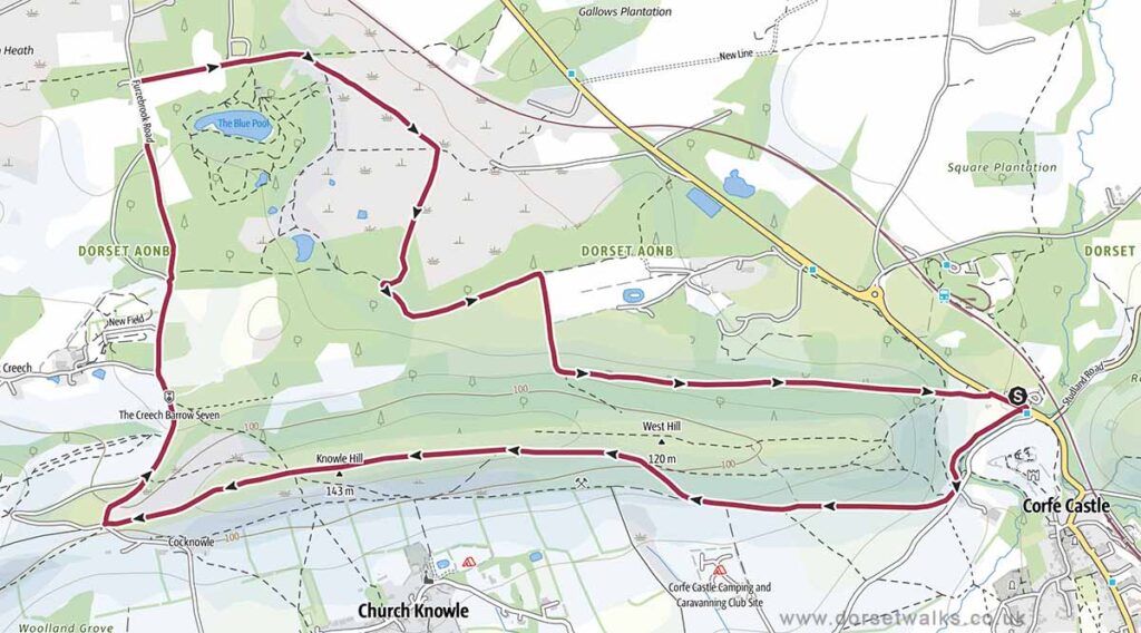 Corfe Castle to Blue Pool Walk Map