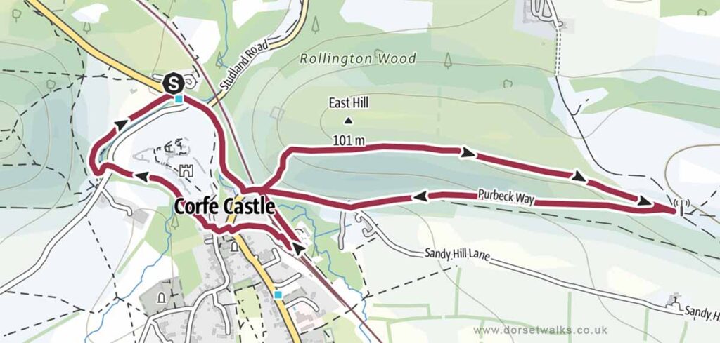 Corfe Castle to East Hill and Corfe Village walk Map