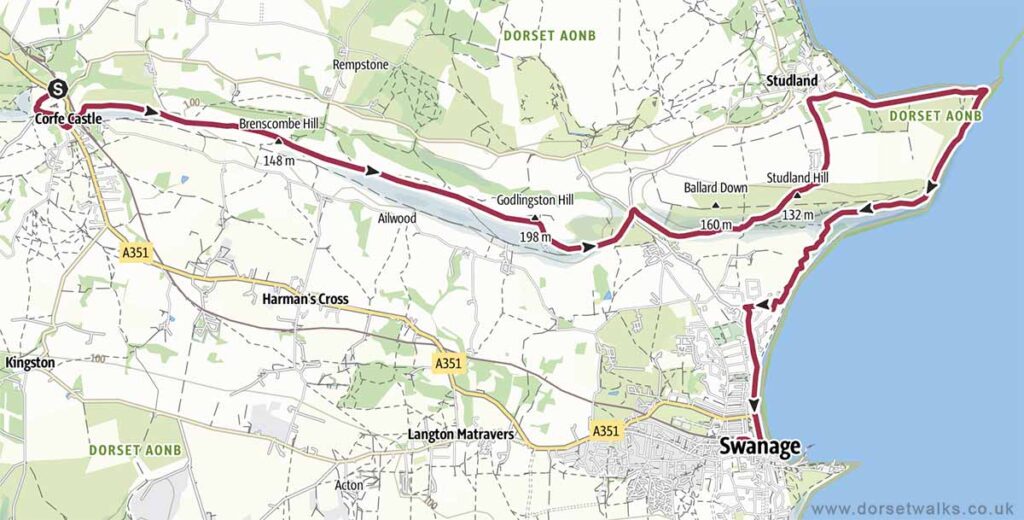 Corfe Castle to Old Harry Rocks and Swanage Walk Map