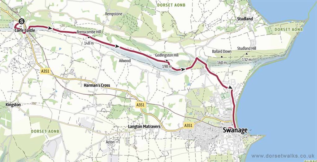 Corfe Castle to Swanage Walk Map