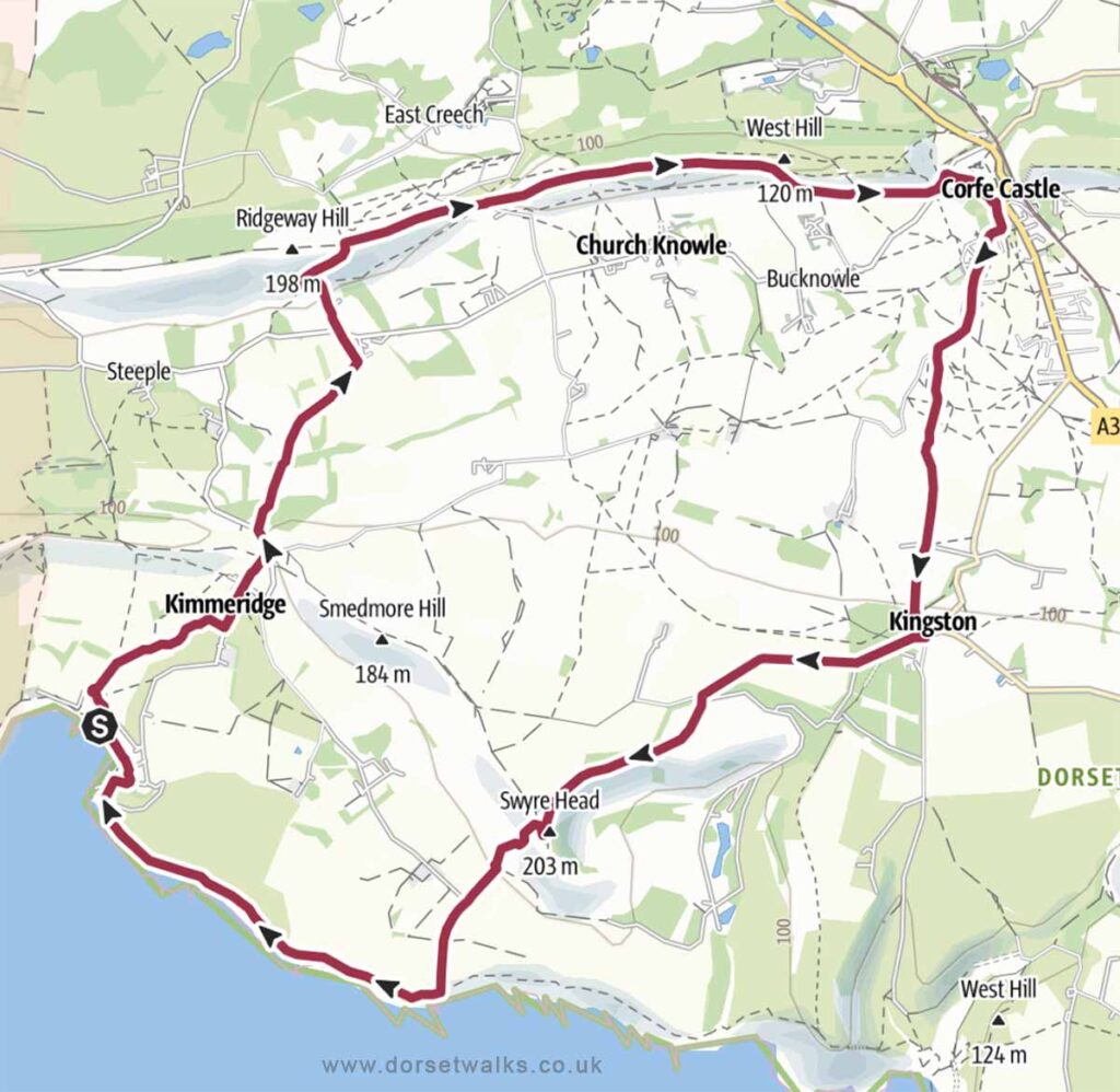 Kimmeridge Bay to Corfe Castle Walk Map 11.1 miles circular