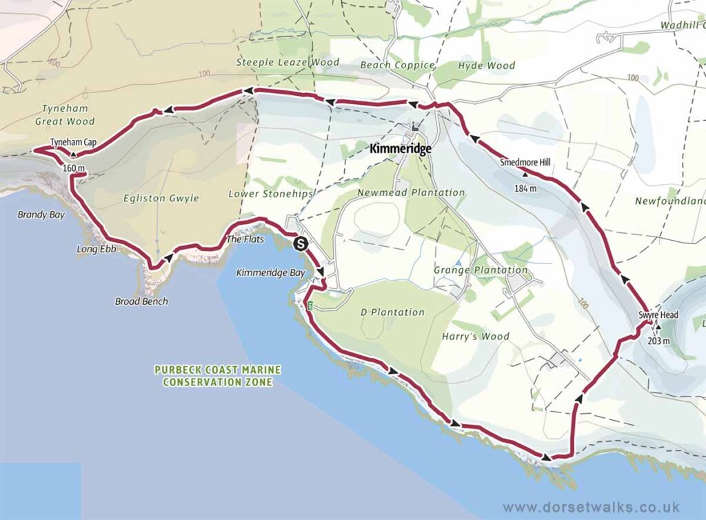 Kimmeridge Bay to Swyre Head and Tyneham Cap Walk Map 7.8 miles circular