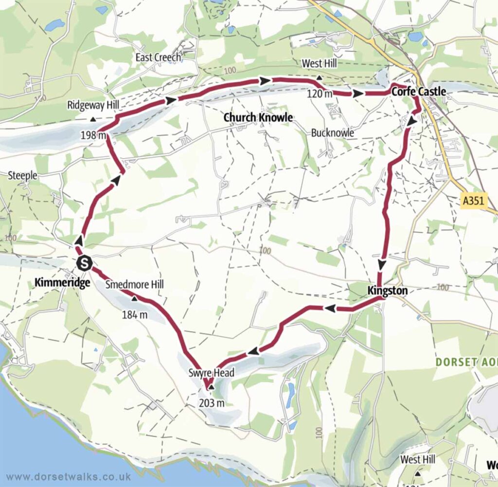 Kimmeridge Village to Corfe Castle Walk Map 8.8 miles circular