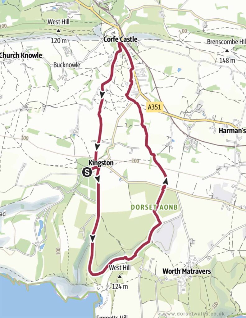 Kingston to Chapmans Pool and Corfe Castle Walk Map