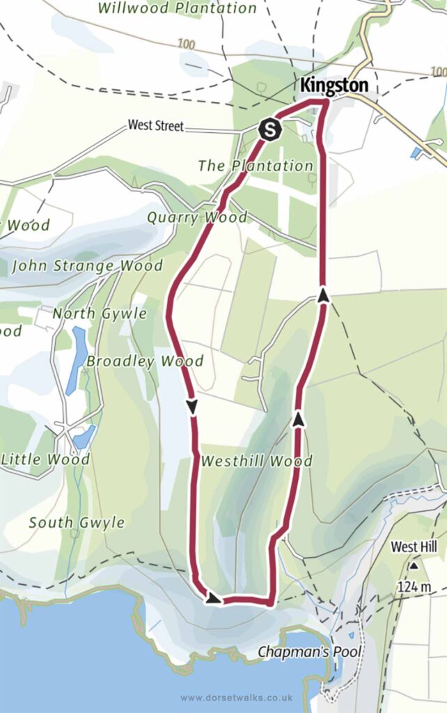 Kingston to Houns-tout and Chapmans Pool Walk Map
