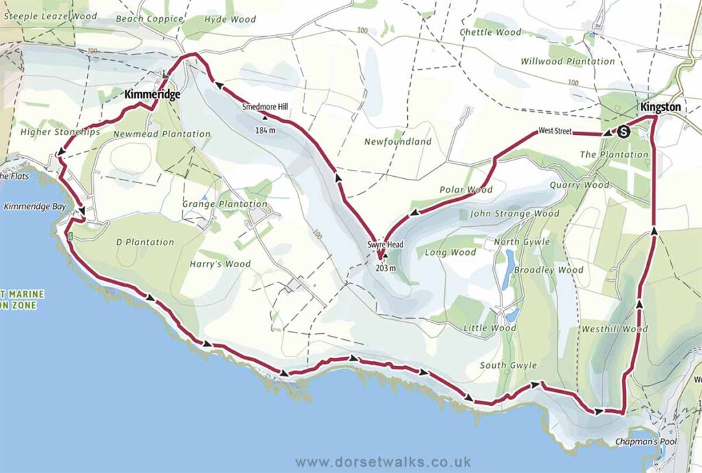 Kingston to Kimmeridge and Chapmans Pool Walk Map