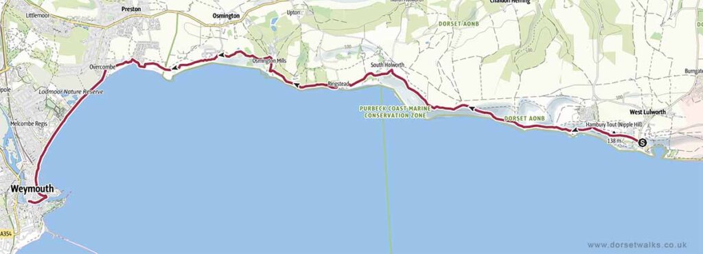 Lulworth Cove to Weymouth SWCP Walk Map