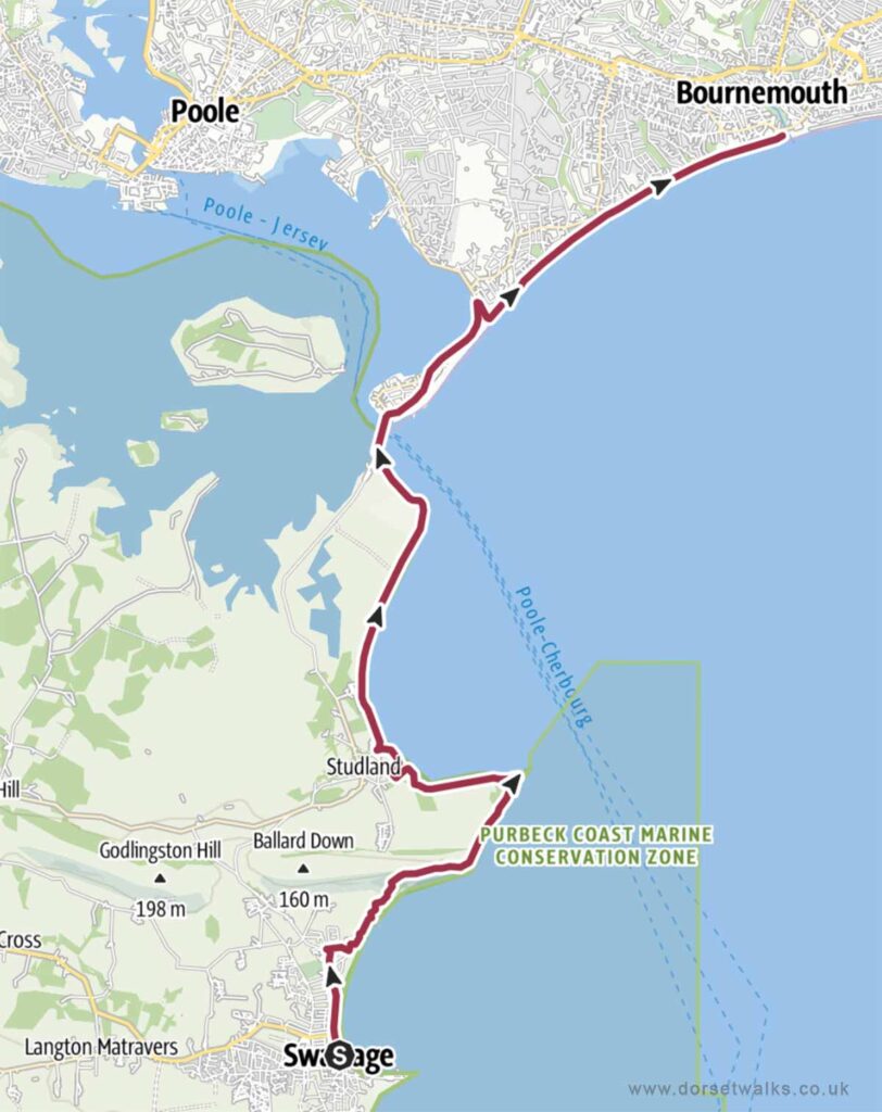 Swanage to Bournemouth Walk Map 12.1 miles