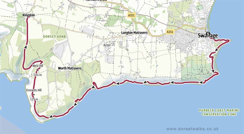 Swanage to Kingston SWCP Walk Map 11.2 miles