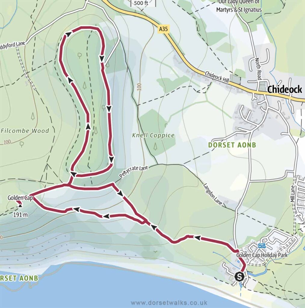 Seatown to Golden Cap and Langdon Hill Walk Map 3.5 miles circular