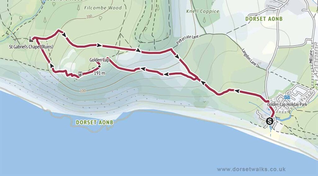 Seatown to Golden Cap and St Gabriels Chapel Walk Map 2.9 miles circular