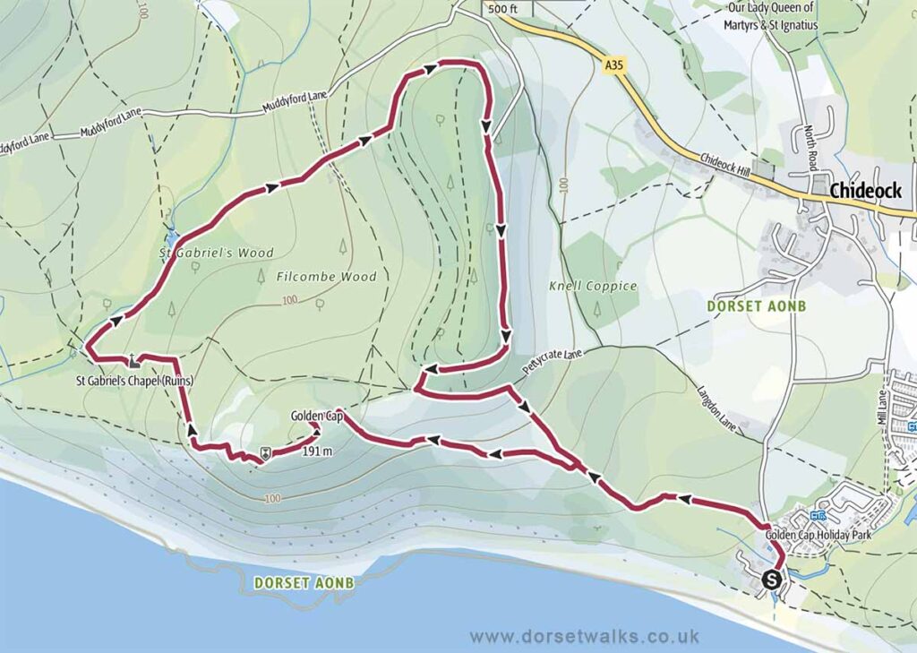 Seatown to Golden Cap, St Gabriels Chapel and Langdon Hill Walk Map 4.1 miles circular