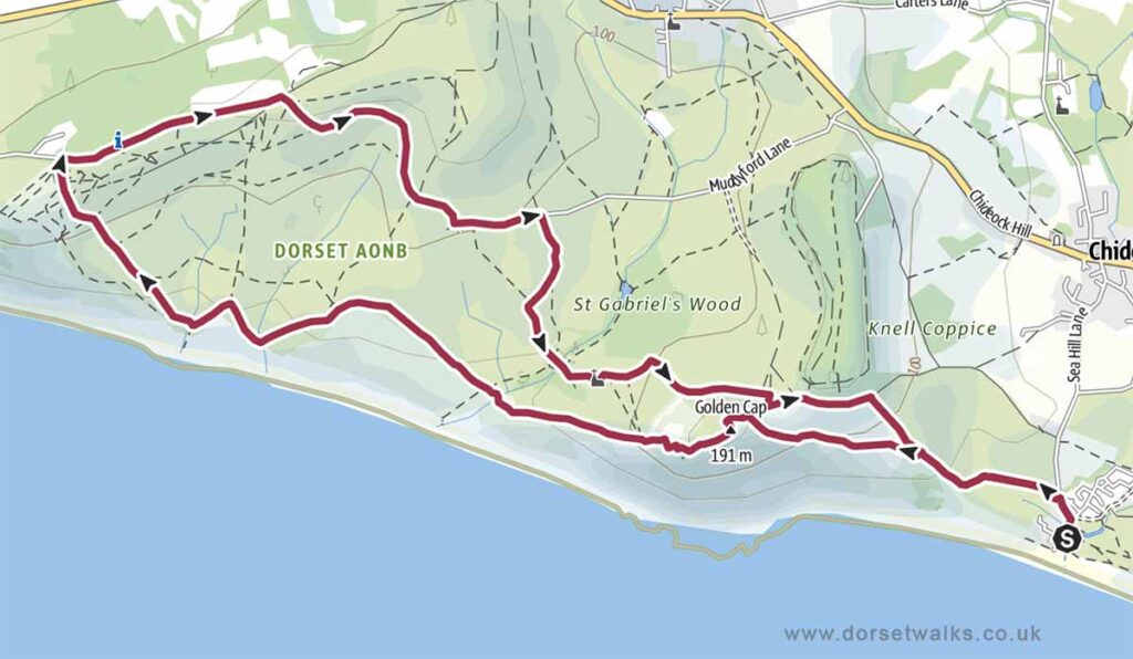Seatown to Golden Cap and Stonebarrow Hill Walk Map 6.6 miles circular