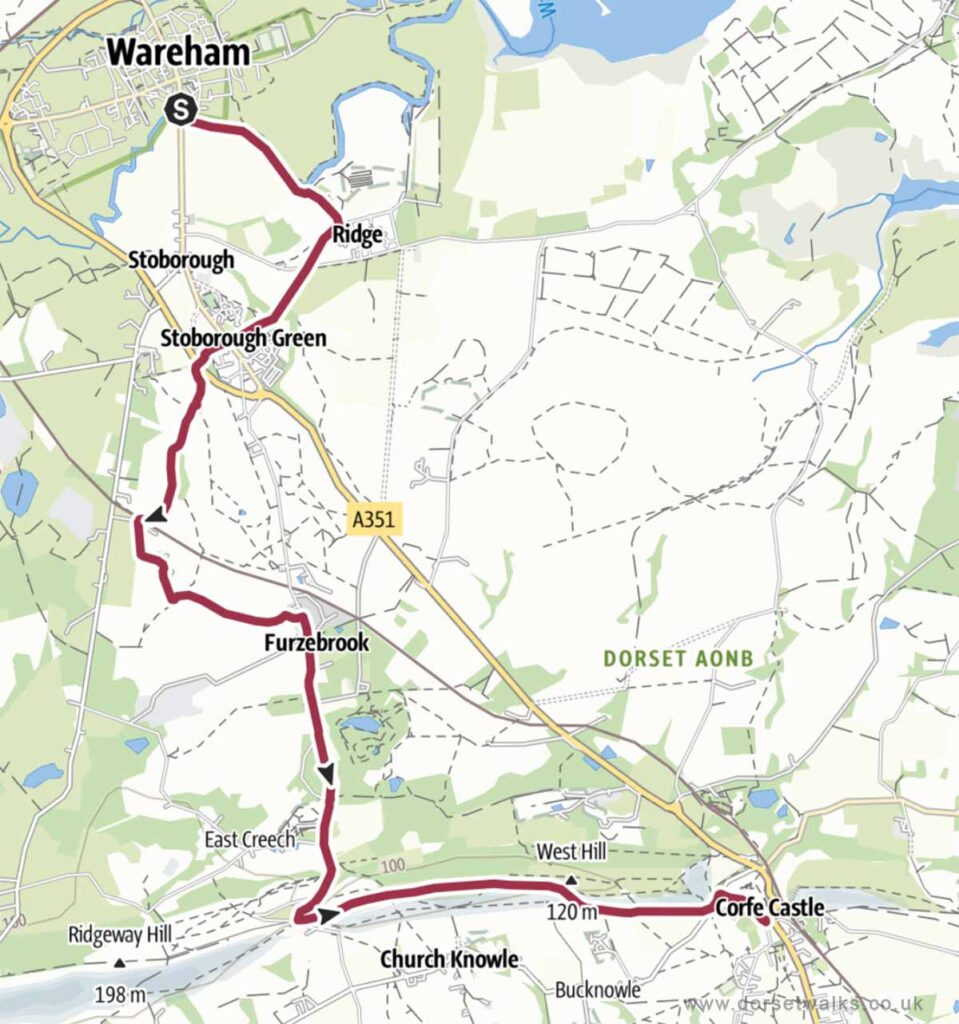 Wareham to Corfe Castle (The Hardy Way) Walk Map 6.5 miles one-way
