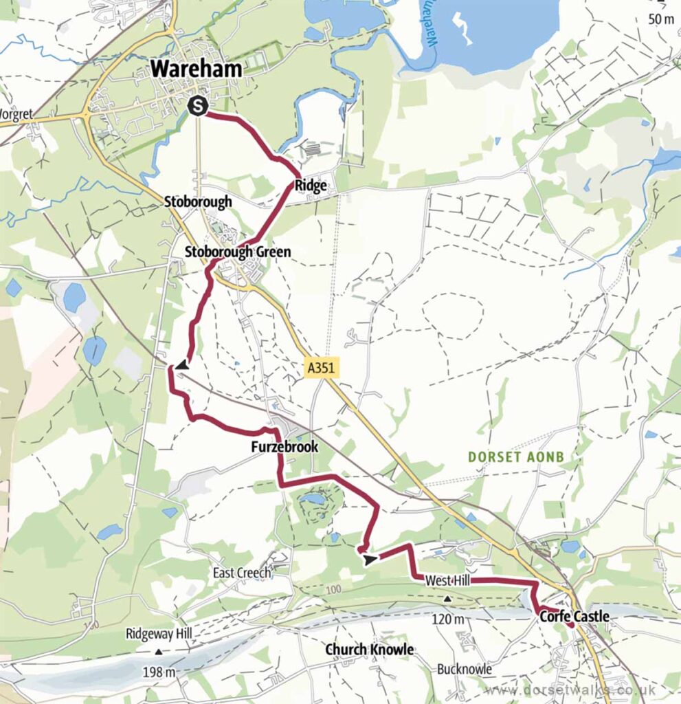 Wareham to Corfe Castle (The Purbeck Way) Walk Map 6.3 miles one-way