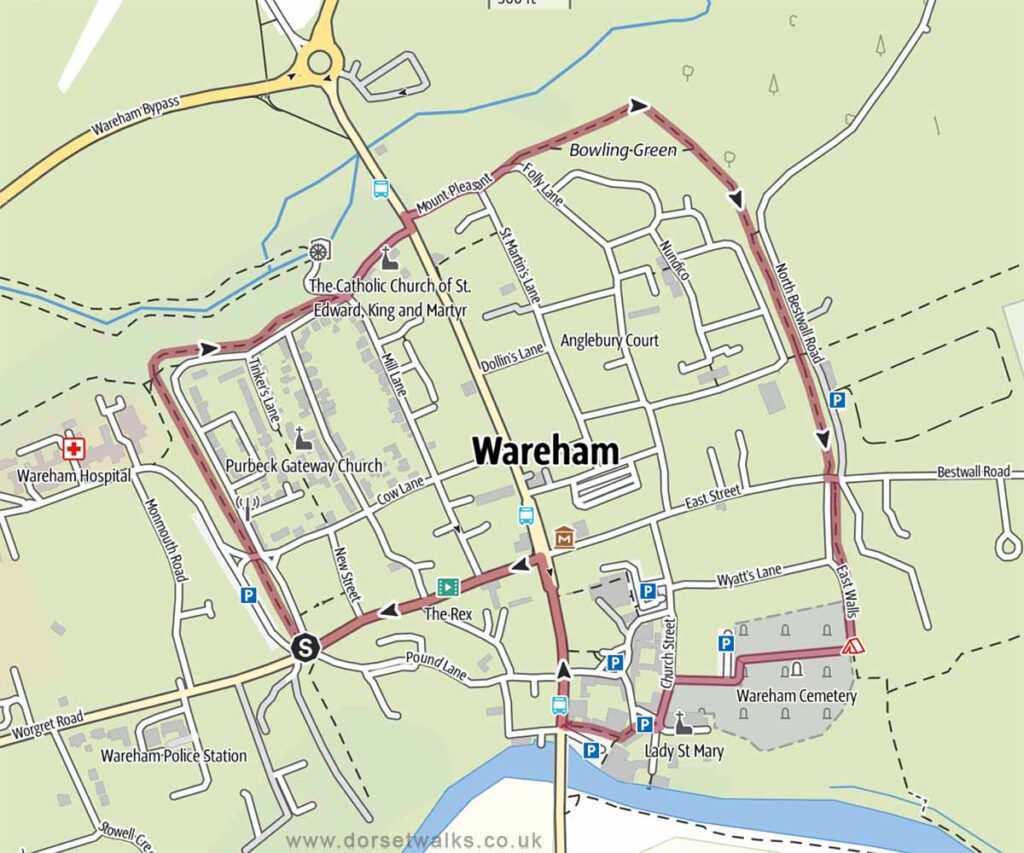 Wareham Historic Town Walls Walk Map 1.6 miles circular