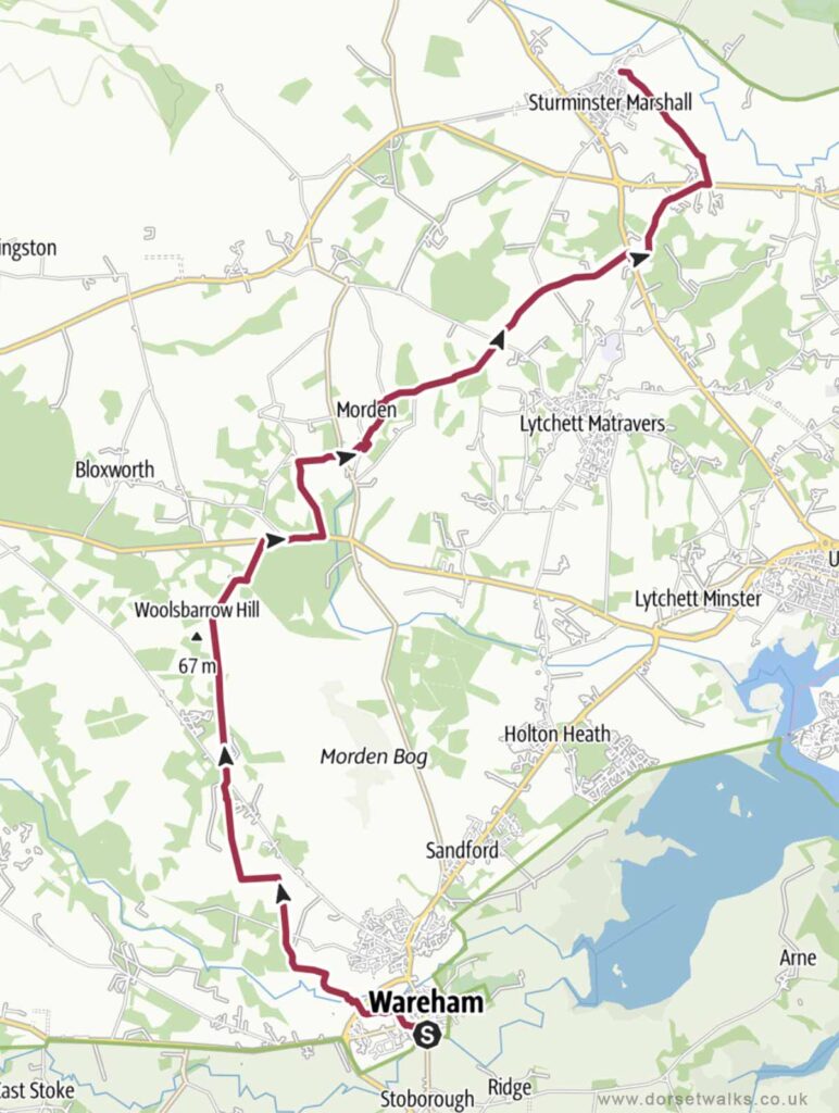 Wareham to Sturminster Marshall (Wareham Forest Way) Walk Map 13 miles one-way