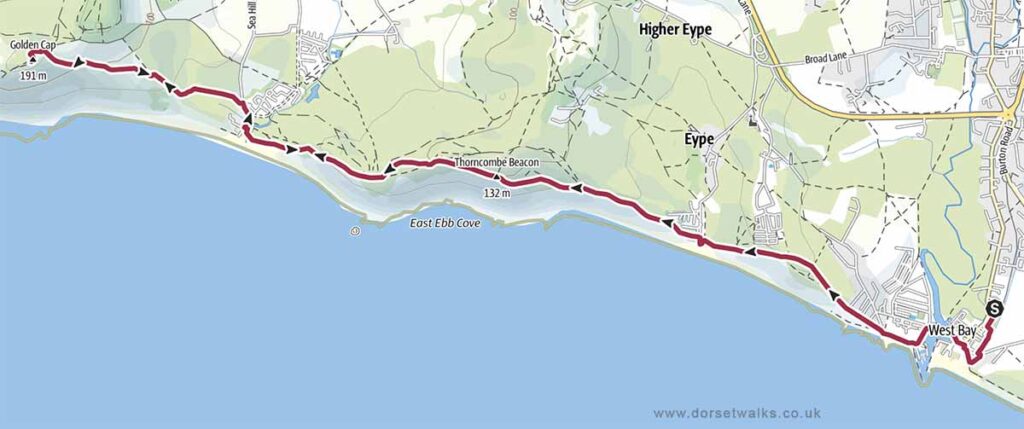 West Bay to Golden Cap Walk Map 9 miles out and back