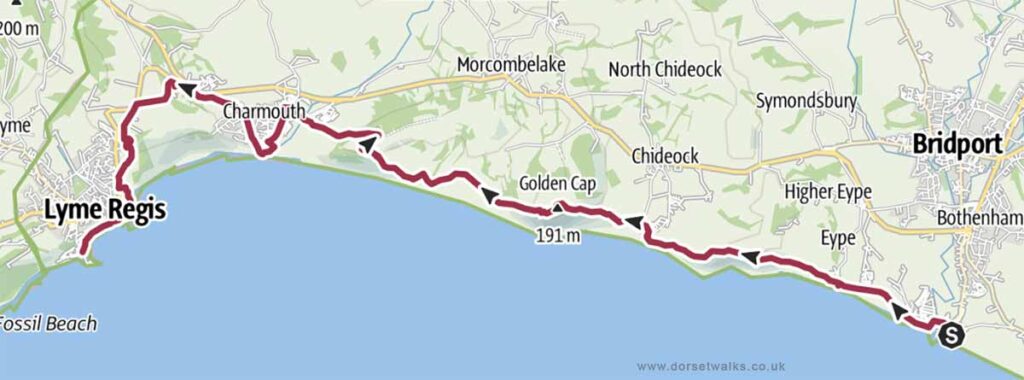 West Bay to Lyme Regis SWCP Walk Map 11.6 miles one-way