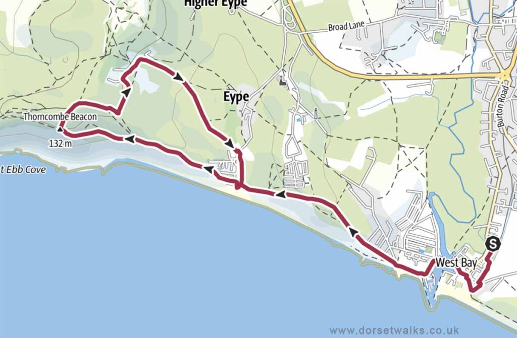 West Bay to Thorncombe Beacon Walk Map 5.3 miles circular