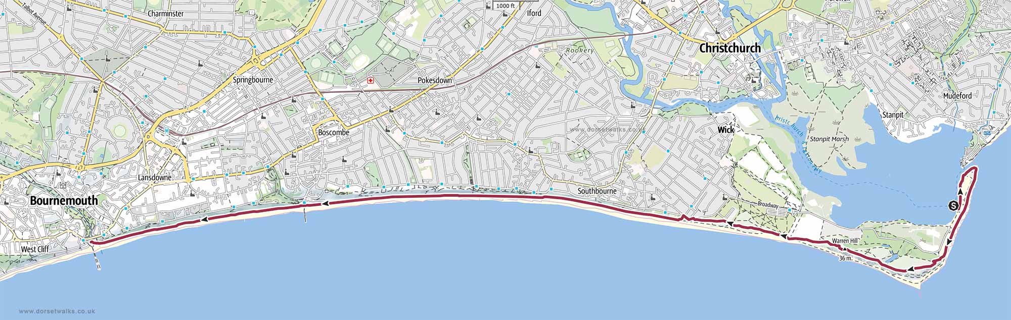 Mudeford Sandbank to Bournemouth Pier Walk Map 7 miles one-way