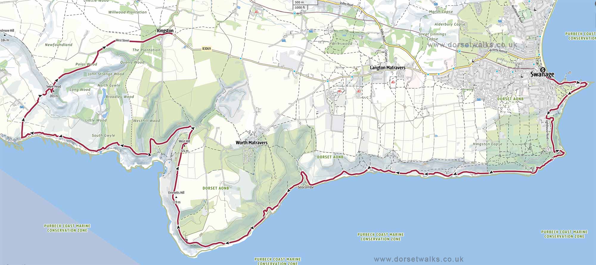 Swanage to Kingston Walk Map