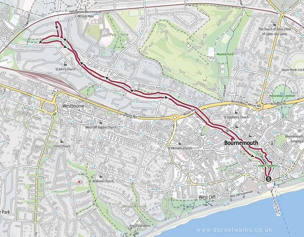 Bournemouth Pier, Upper and Lower Gardens to Coy Pond Walk Map