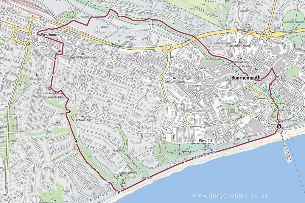 Bournemouth Pier, Upper and Lower Gardens, Westborne and Alum Chine Walk Map