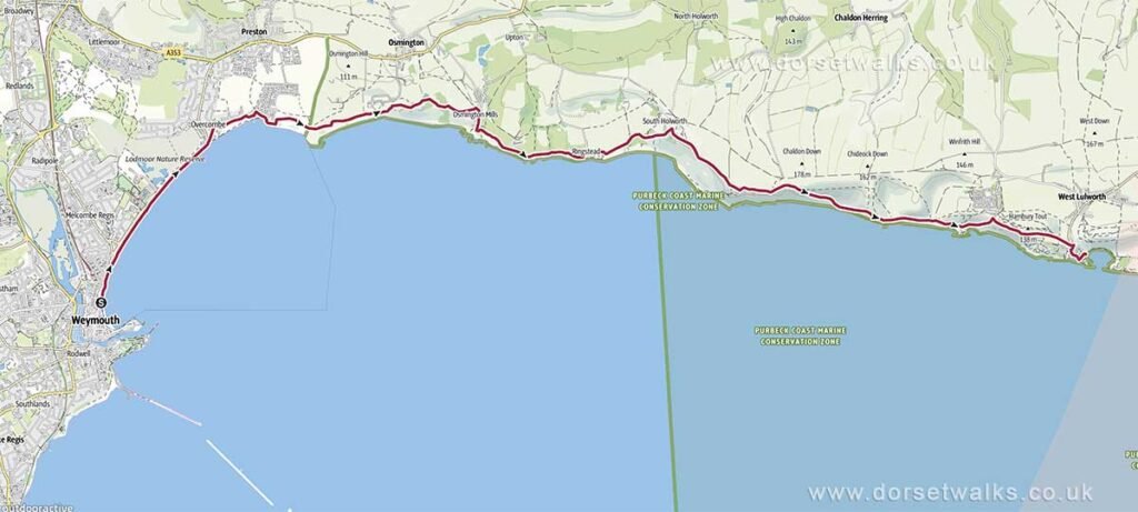 Weymouth (beach) to Lulworth Cove Walk Map