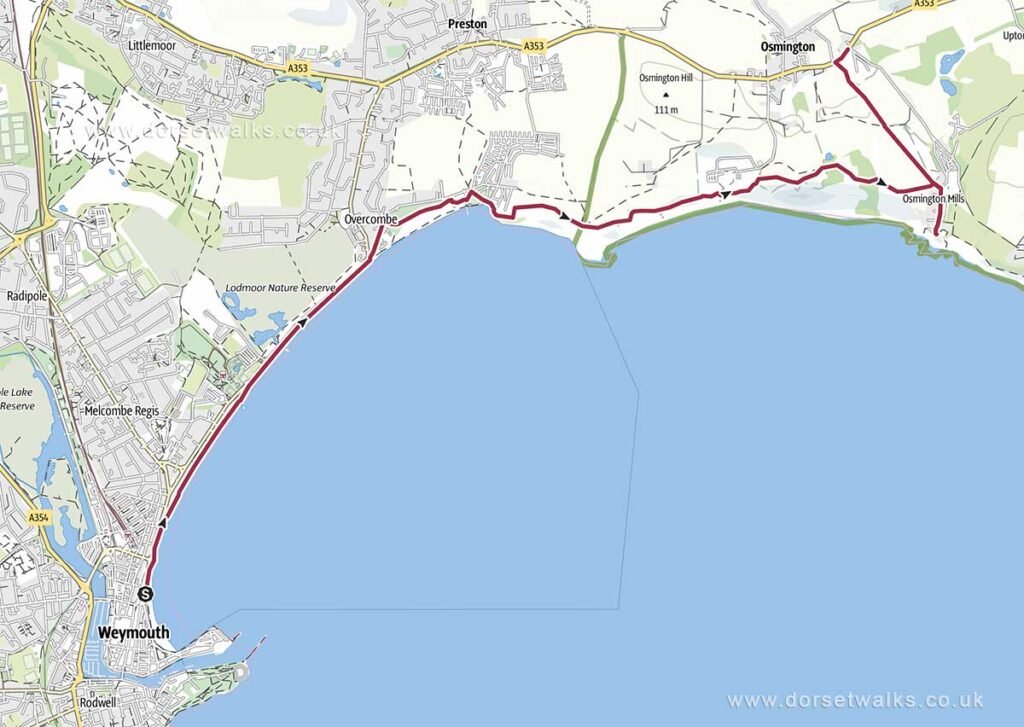 Weymouth (beach) to Osmington Village Walk Map